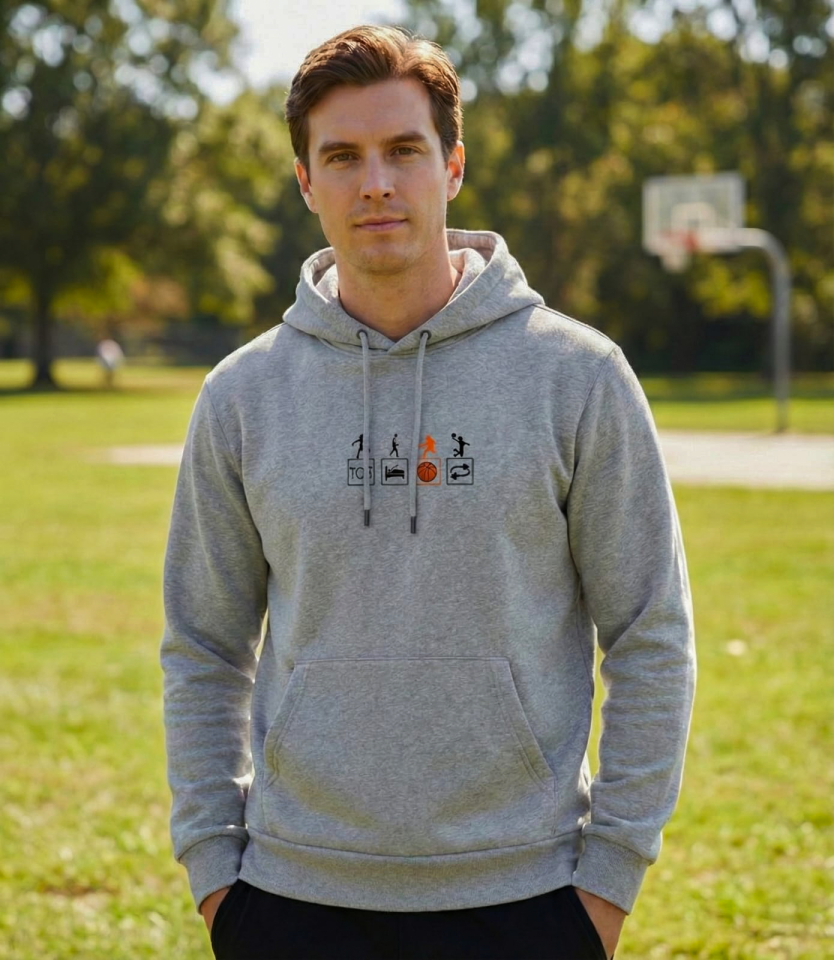 Spor Temalı Şardonlu Kapüşonlu Sweatshirt – Açık Gri